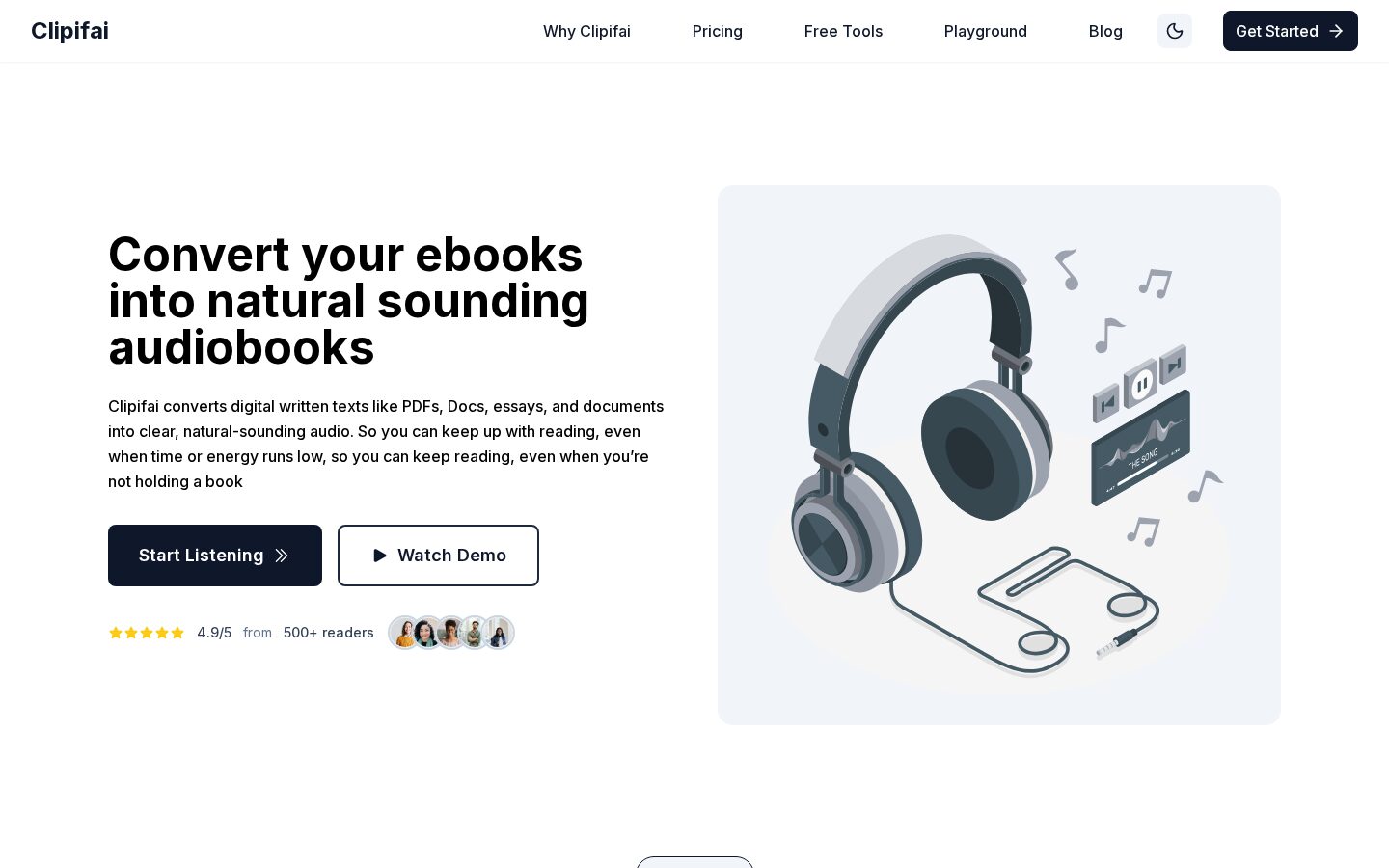 Clipifai landing page showing document to audiobook conversion
