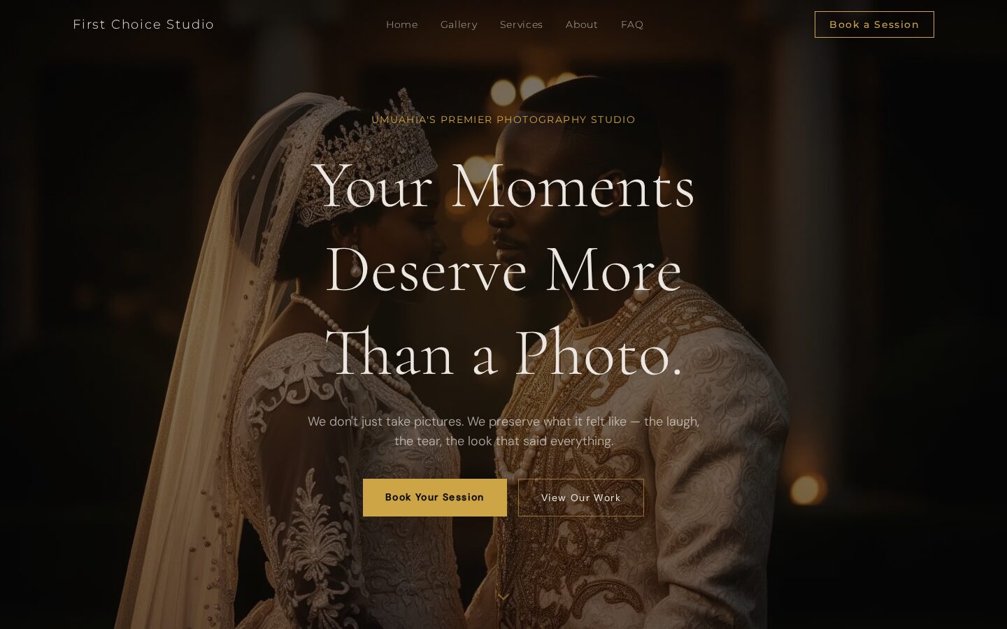 First Choice Studio website hero with cinematic wedding photography